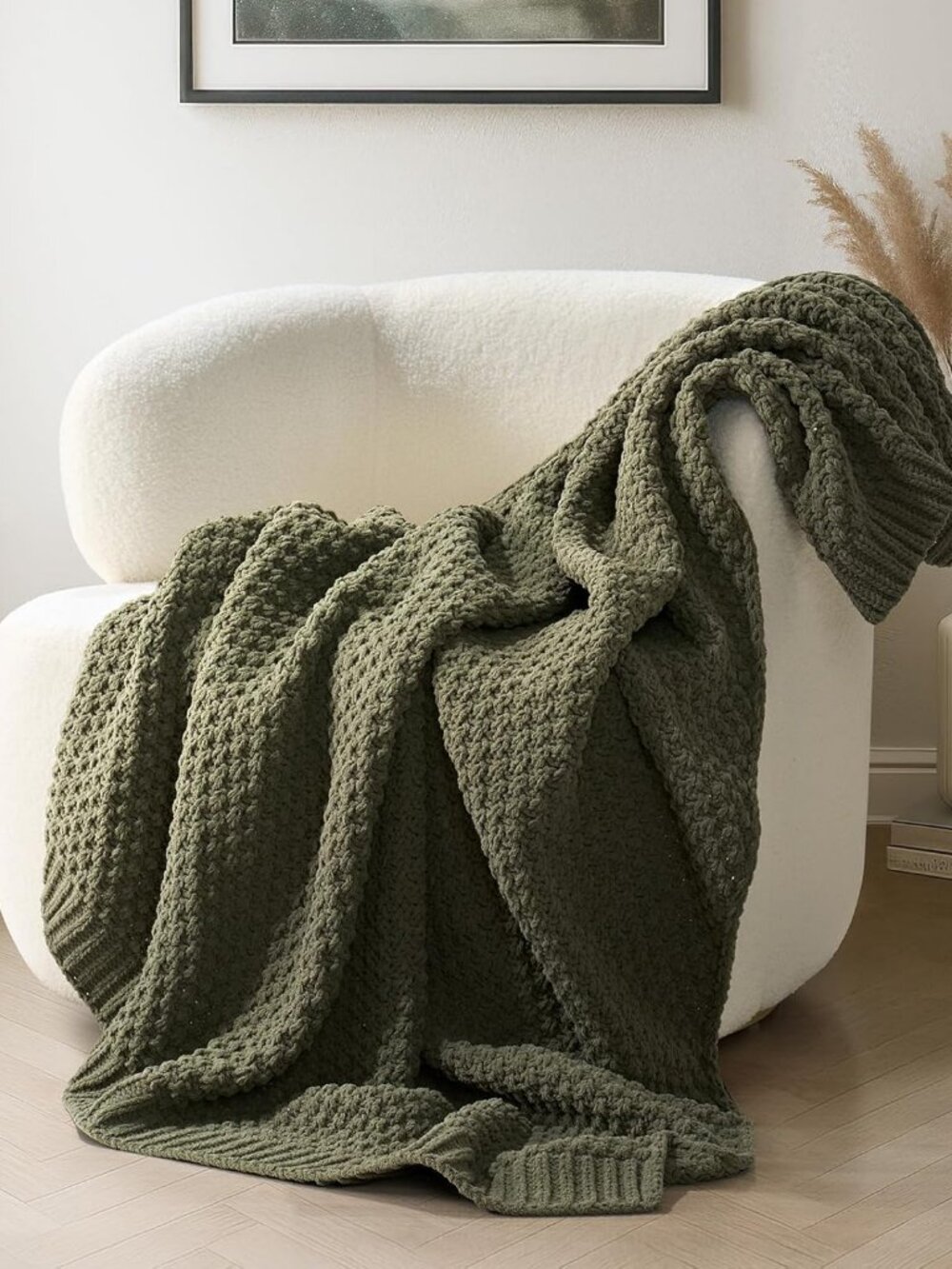 NEW Olive Green Chunky Chenille Knit Throw Blanket 50x60 Moss Stitch Cozy